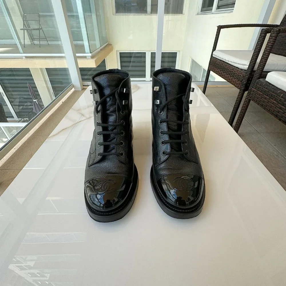 Chanel Combat Ankle Boots Black Size 38 Original Women - Picture 3 of 16